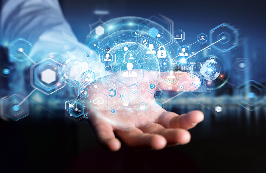 Businessman on blurred background using social network interface 3D rendering