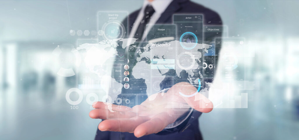 Businessman holding User interface screens with icon, stats and data 3d rendering